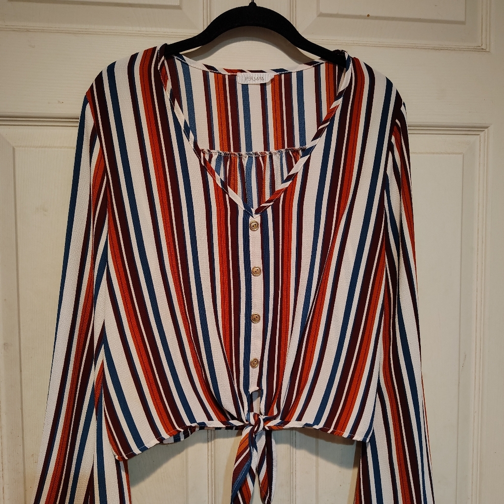 Persaya Multicolored Striped Button-Down Tie-Front Top